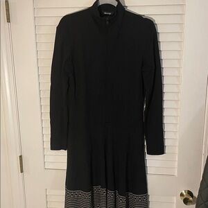 Isabel de Pedro Black Streamline Midi Dress with Patterned Swing Hem